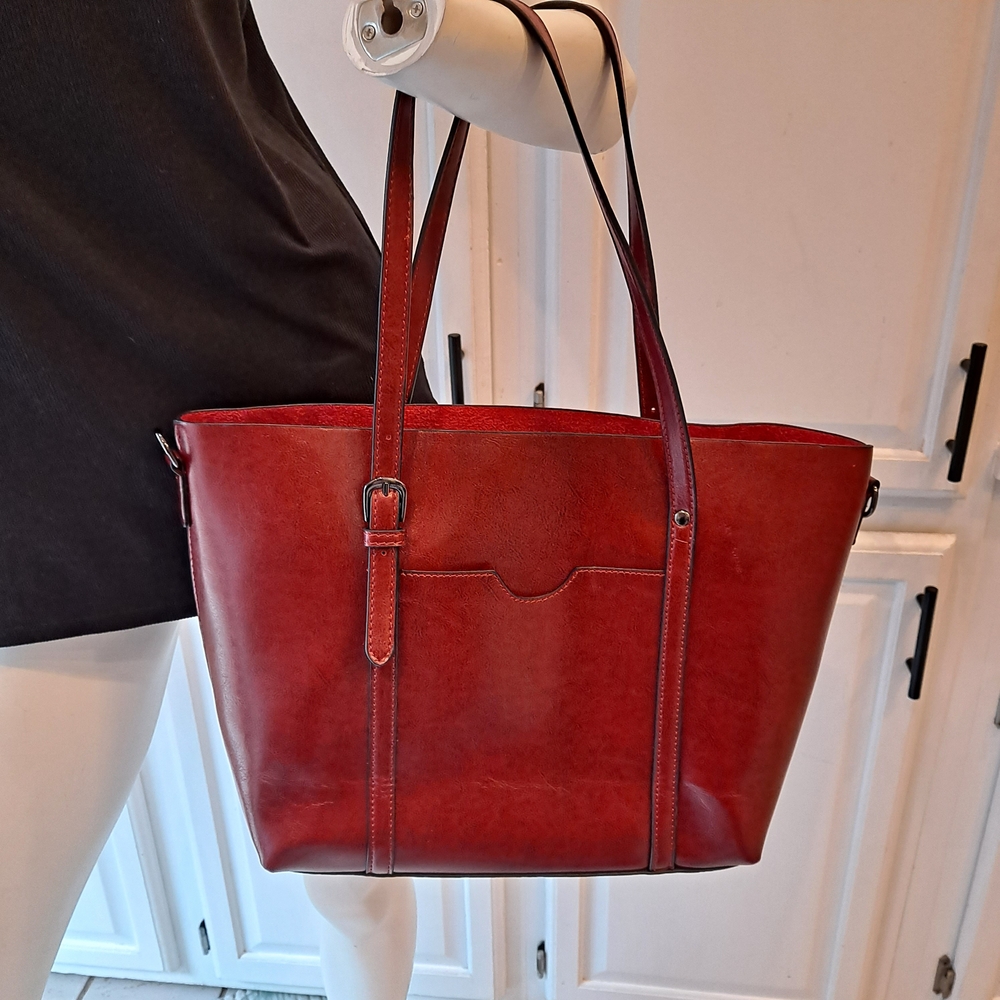 Red Vegan Leather Tote Bag With Buckle Accent
